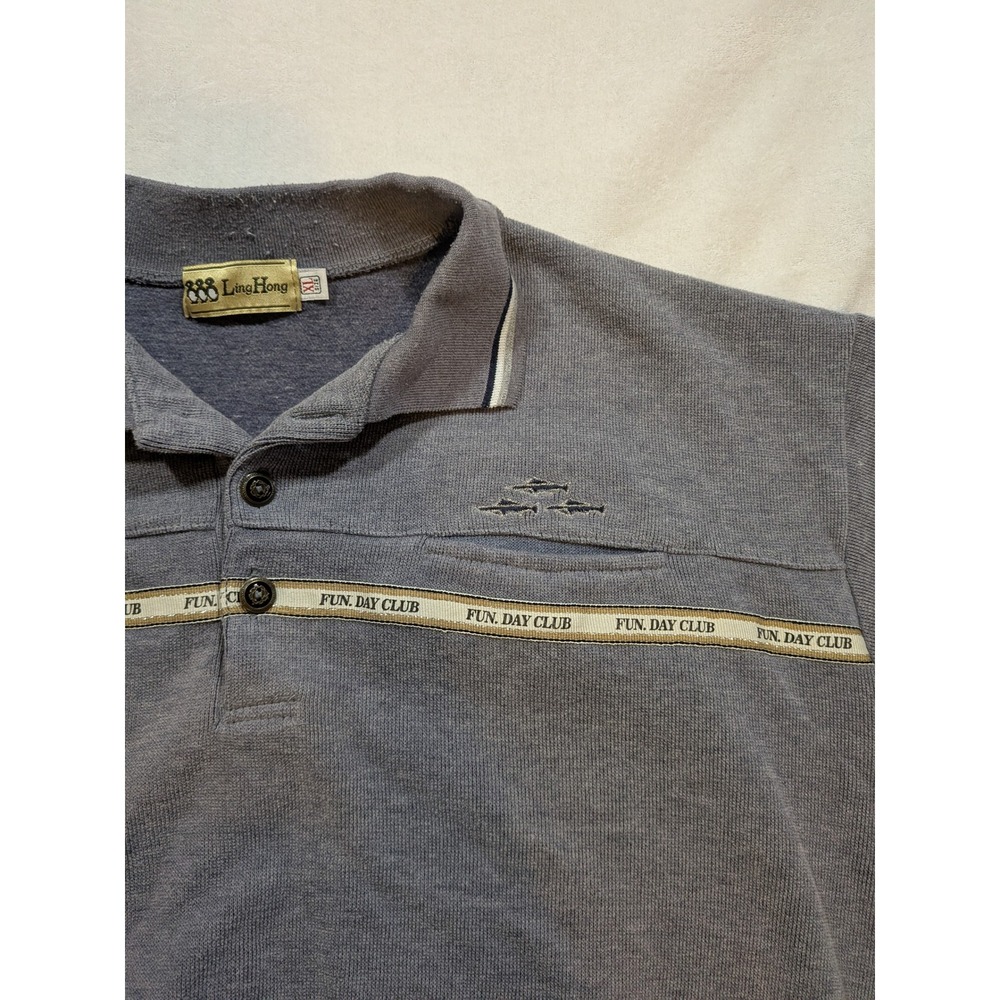 Ling Hong Gray Long Sleeve Polo Sweatshirt Fun Day Club Embroidered Mens XL - Picture 3 of 8